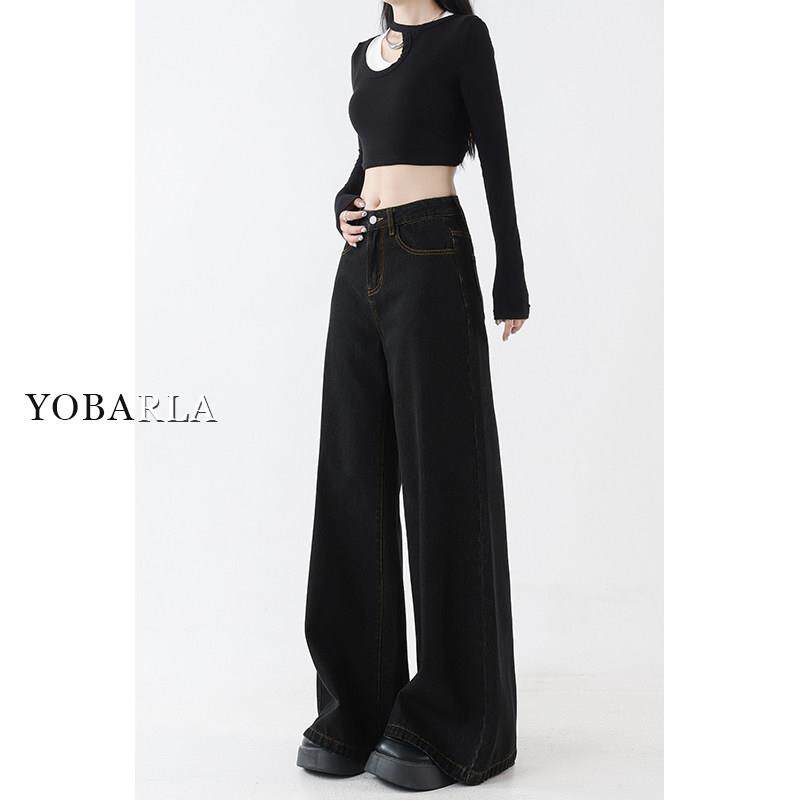 黑色阔腿牛仔裤裤女夏新款大尺码胖m宽松显mY瘦梨形季身材高腰直