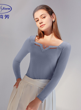 安莉芳薄款蕾丝方领打底衫女士舒适修身秋衣抗菌暖衣上装ED00232