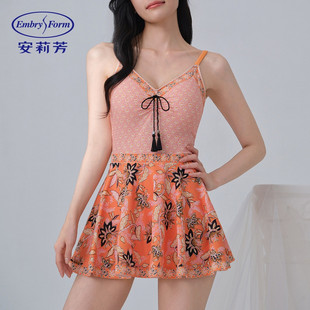 三角连体泳衣ES00263 v领印花民族风女两件套裙式 25款 安莉芳夏季