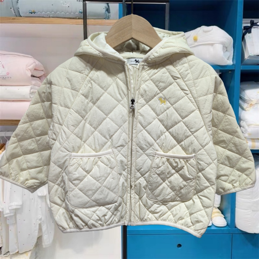 韩国童装25冬款男童宝连帽棉服菱形格棉衣夹棉外套米白百搭棉袄
