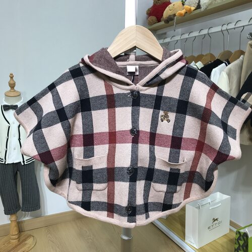 Y韩版童装秋冬款女童宝宝格纹披肩外套连帽披风斗篷提花SY6082401