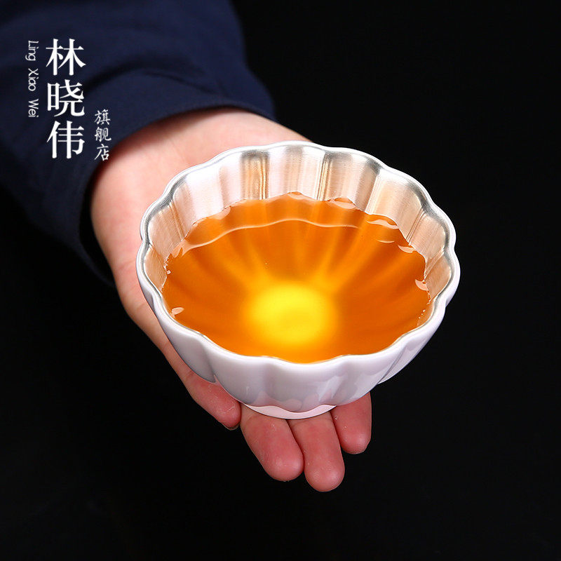 999纯银茶杯主人杯单杯品茗杯建盏女粉色琉璃玉石功夫茶具银杯子