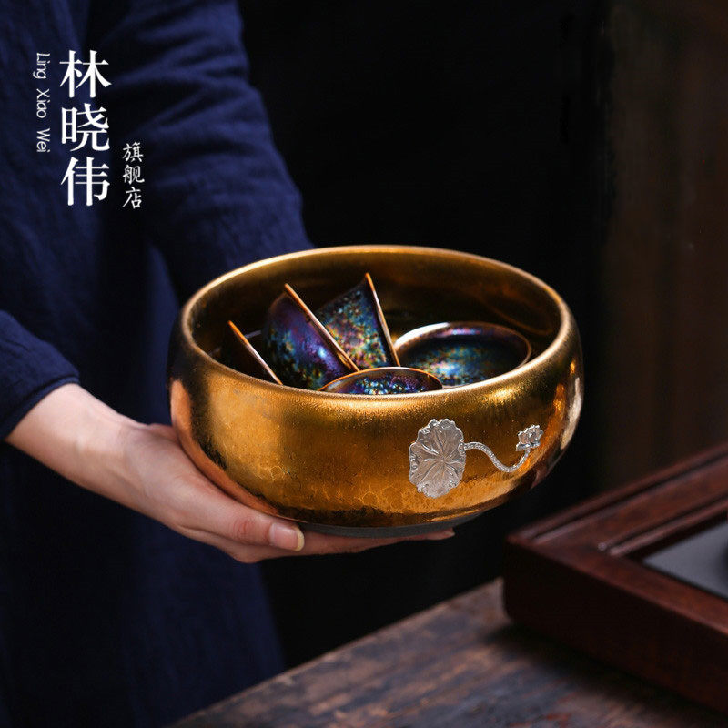 林晓伟鎏金茶洗家用镶银笔洗茶海 茶道零配茶桶缸陶瓷洗茶碗水盂