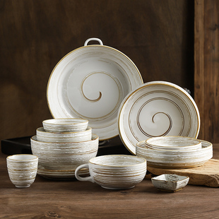 手绘古朴食堂陶瓷饭碗拉面汤碗深盘汤盘傣菜盘云南菜餐具商用盘子