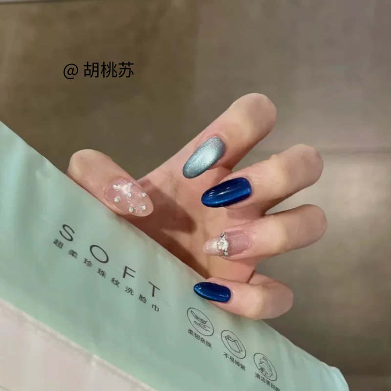 【冰蓝物语】蓝色玻璃珠猫眼手绘星星爆闪纯手工穿戴甲钻戒美甲贴