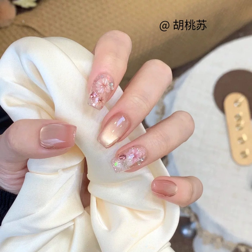 春日新款纯手工美甲穿戴甲猫眼干花穿戴甲短款氛围感温柔气质