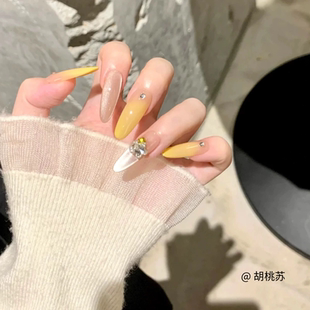 【梨花小隐】夏日猫眼穿戴甲渐变奶油黄高级显白可拆卸美甲穿戴甲