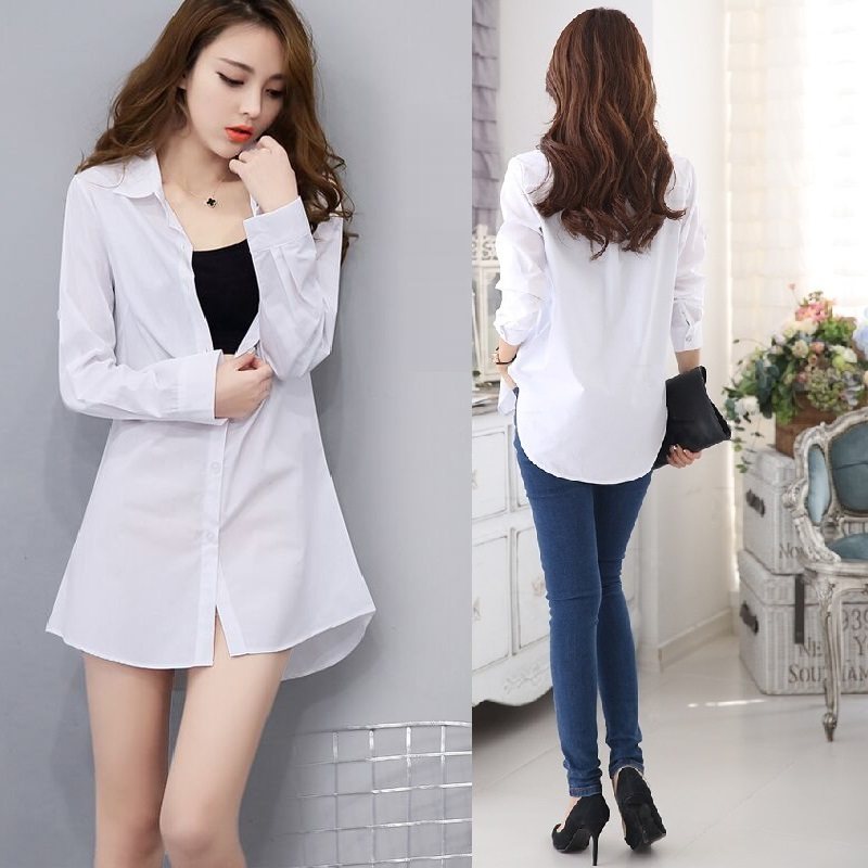 长袖白色衬衫女中长款2021春秋新款百搭上衣韩版时尚修身打底衬衣在类目 女装/女士精品, 衬衫中 - 来自Buy2taobao.com提供专业的淘宝代购服务