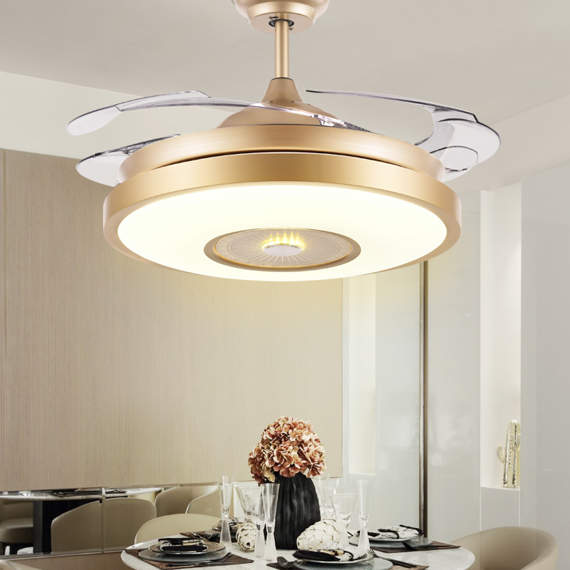 高颜金色隐形风扇灯现代简约吊扇灯创意餐厅灯智能电风扇大气吊灯