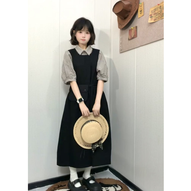 文艺复古日系套装女格子短袖衬衫+背带裙中长款连衣裙宽松两件套