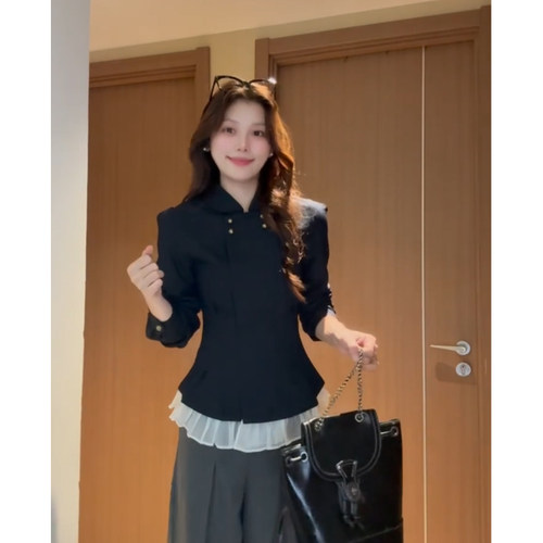 双排扣收腰短外套女牛仔打褶上衣