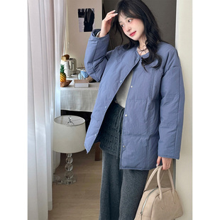 白鸭绒无领羽绒服女2025年冬季新款高级感保暖短款外套蓝色超好看