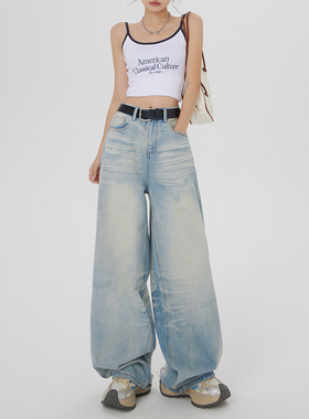 HDDD美式复古水洗宽松阔腿裤高腰百搭猫须磨破破洞裤直筒牛仔裤女