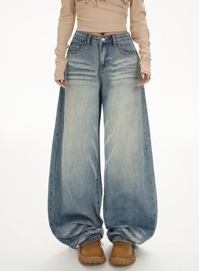 HDDD复古阔腿裤秋冬高腰猫咪纹怀旧宽松百搭垂感直筒牛仔裤