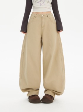 HDDD复古高腰巧克力卡其色显瘦宽松香蕉裤阔腿裤百搭卡其色牛仔裤