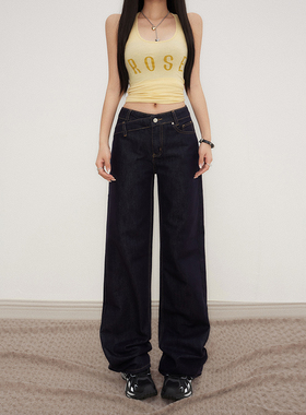 HDDD复古低腰宽松直筒裤不规则腰设计百搭显瘦深蓝色牛仔裤