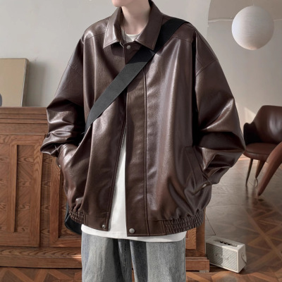 美式复古皮衣外套男士秋冬季感痞帅潮牌休闲宽松pu皮翻领夹克