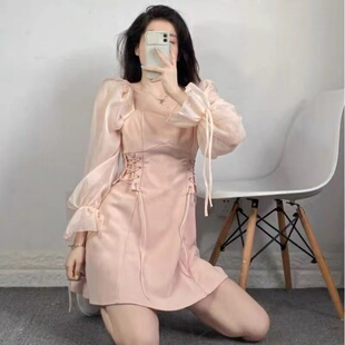 跨境秋冬新款东南亚温柔风连衣裙女秋季感小个子a字短裙子