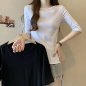 小众修身 恤女夏新款 漏锁骨打底 正肩圆领五分袖 厂家直销螺纹短款