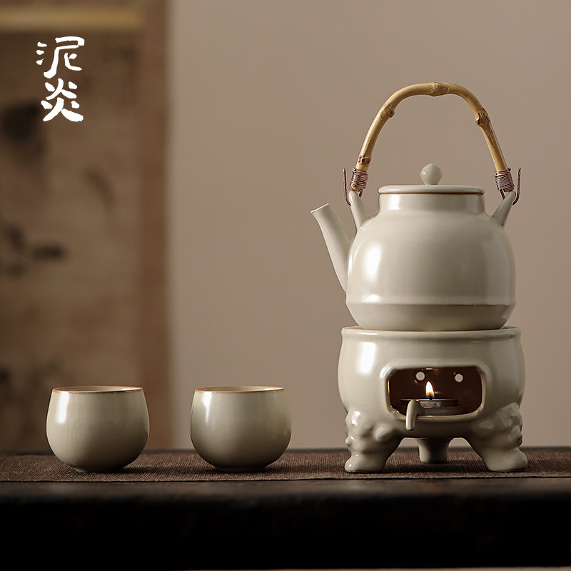 米黄汝窑提梁壶大号家用单壶温泡茶炉煮茶套装功夫茶泡茶壶开片可