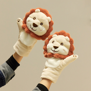 手套冬季女可爱韩版学生软妹子ins可爱狮子骑车连指保暖防寒加绒