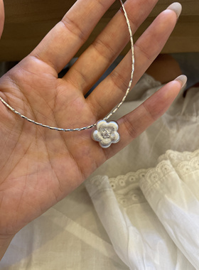 新中式梅花925银项链女意大利拉丝工艺立体花朵纯手工项圈高级感