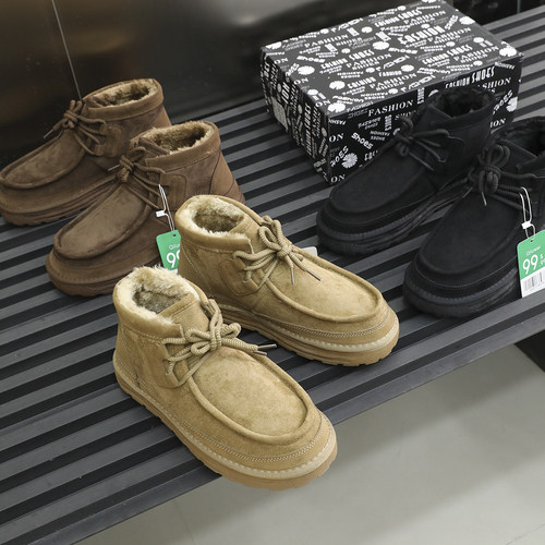 超值公司单 仿羊毛加厚一体 冬季男士加绒保暖工装系带休闲雪地靴