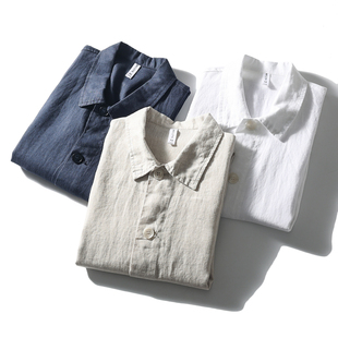 100精纺亚麻 衬衫 吸湿透气 翻领纯色短袖 衬衣 男士 清凉一夏