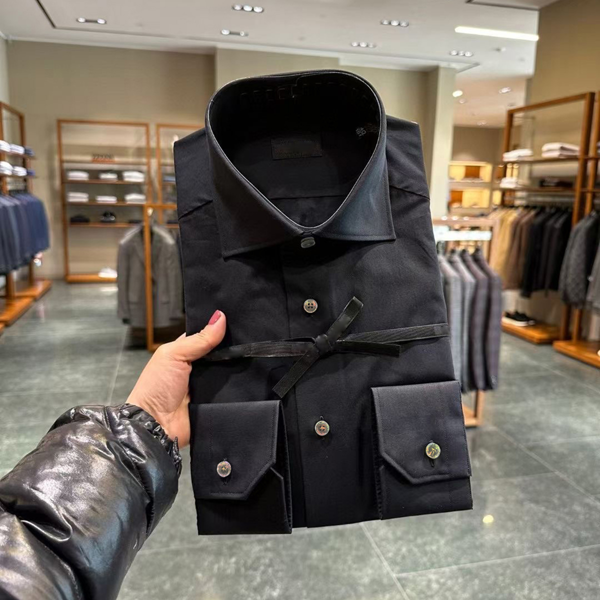 柜7600!LT液氨桑蚕丝面料!温莎一字领!男士高端长袖黑色衬衫