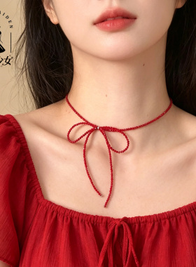 细款显白红色黑色蝴蝶结choker