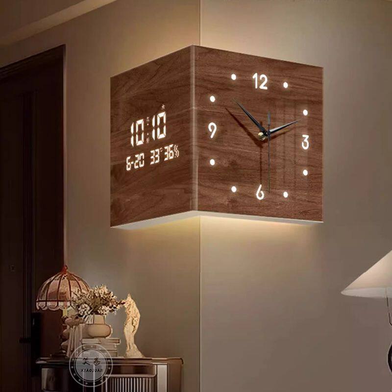 德国品质中古风客厅转角时钟万年历电子钟双面挂钟拐角壁灯钟表