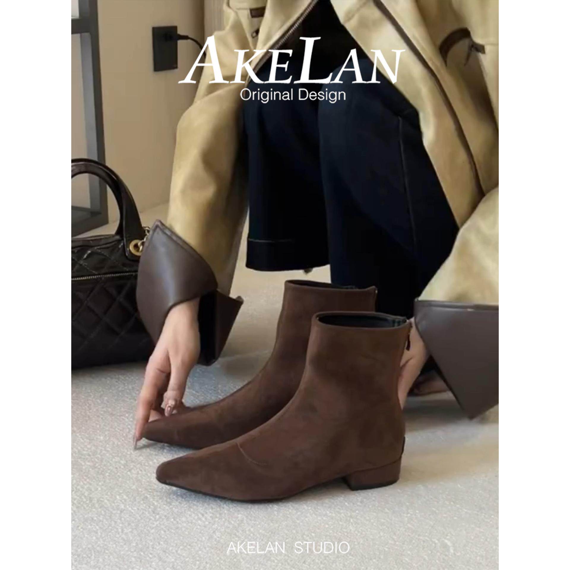 羊皮版~绒面尖头粗跟小短靴女秋季复古低跟瘦瘦靴后拉链百搭裸靴,女鞋,时装靴,淘宝优惠券,粉丝福利购,淘宝优惠卷