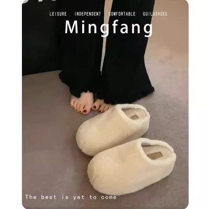 羊皮款~小个子厚底内增高白色毛毛鞋外穿秋冬包头半拖鞋毛毛拖鞋