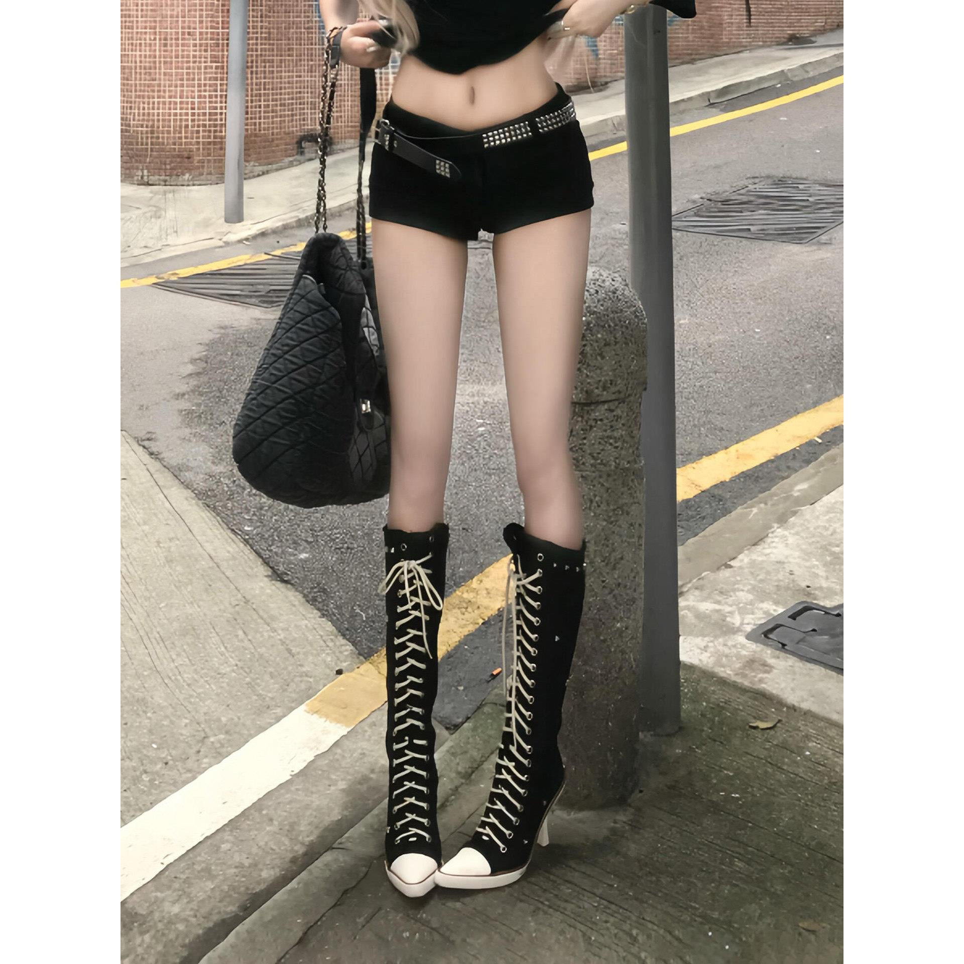 花小姐古早辣妹帆布系带高跟靴子2026秋冬新款巨好看不过膝长筒靴