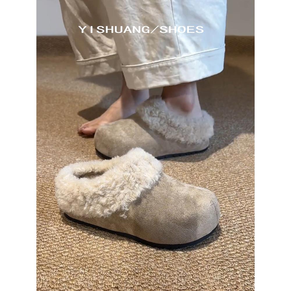 羊皮版！超火勃肯鞋半拖女外穿复古羊羔毛保暖百搭厚底包头棉拖鞋