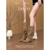 羊皮版 复古绒面尖头堆堆靴女显瘦高跟西部靴废土风骑士靴中筒靴