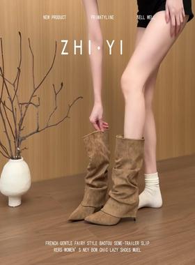 羊皮版！复古绒面尖头堆堆靴女显瘦高跟西部靴废土风骑士靴中筒靴