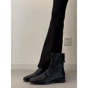 牛皮款~真皮极简气质短靴女方头高级感黑色平底英伦瘦瘦靴马丁靴