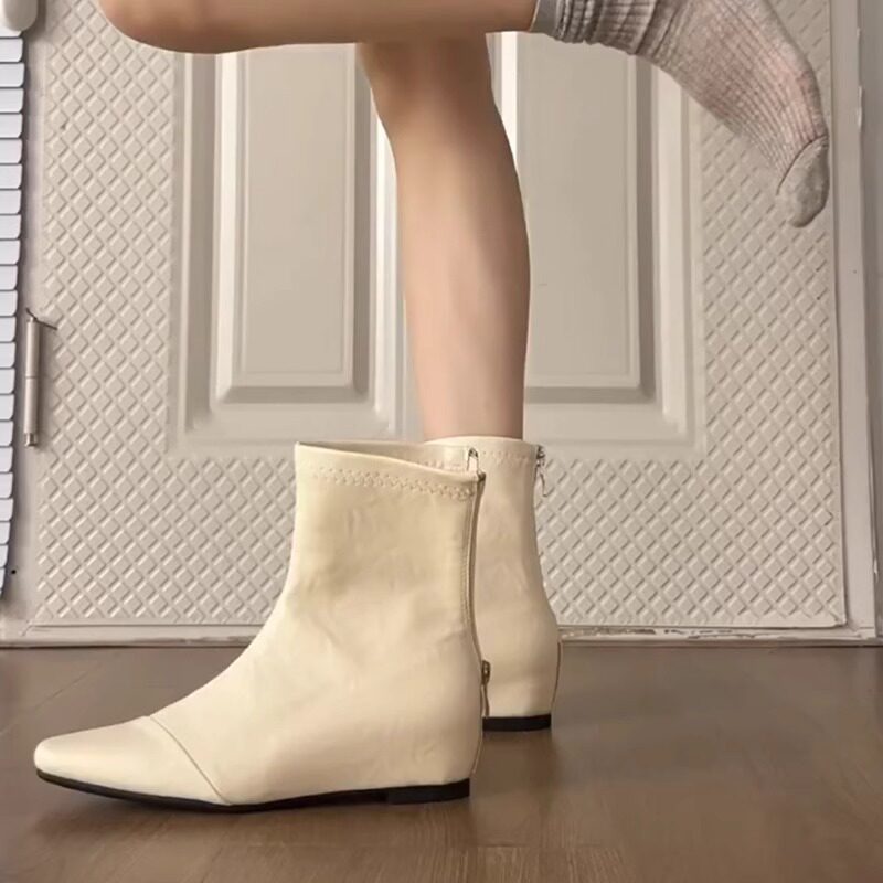 牛皮！白色短靴女秋冬内增高通勤
