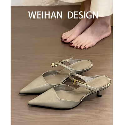 羊皮版！复古尖头包半拖鞋女细跟