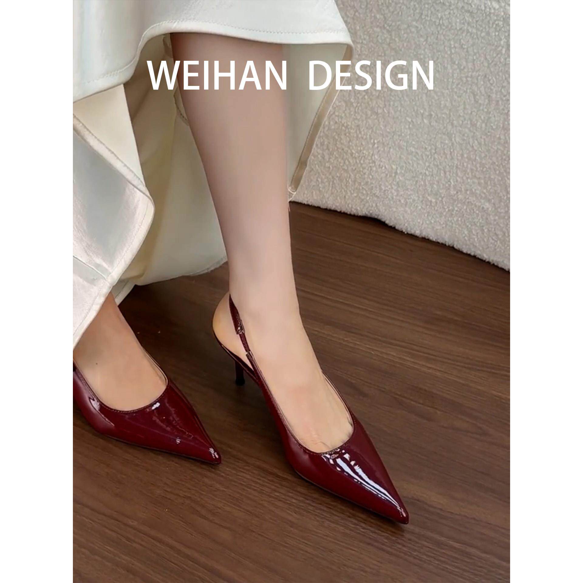 羊皮版！红色细跟新娘鞋百搭性感包头后绊带凉鞋宴会配礼服高跟鞋