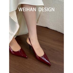 羊皮版！红色细跟新娘鞋百搭性感包头后绊带凉鞋宴会配礼服高跟鞋