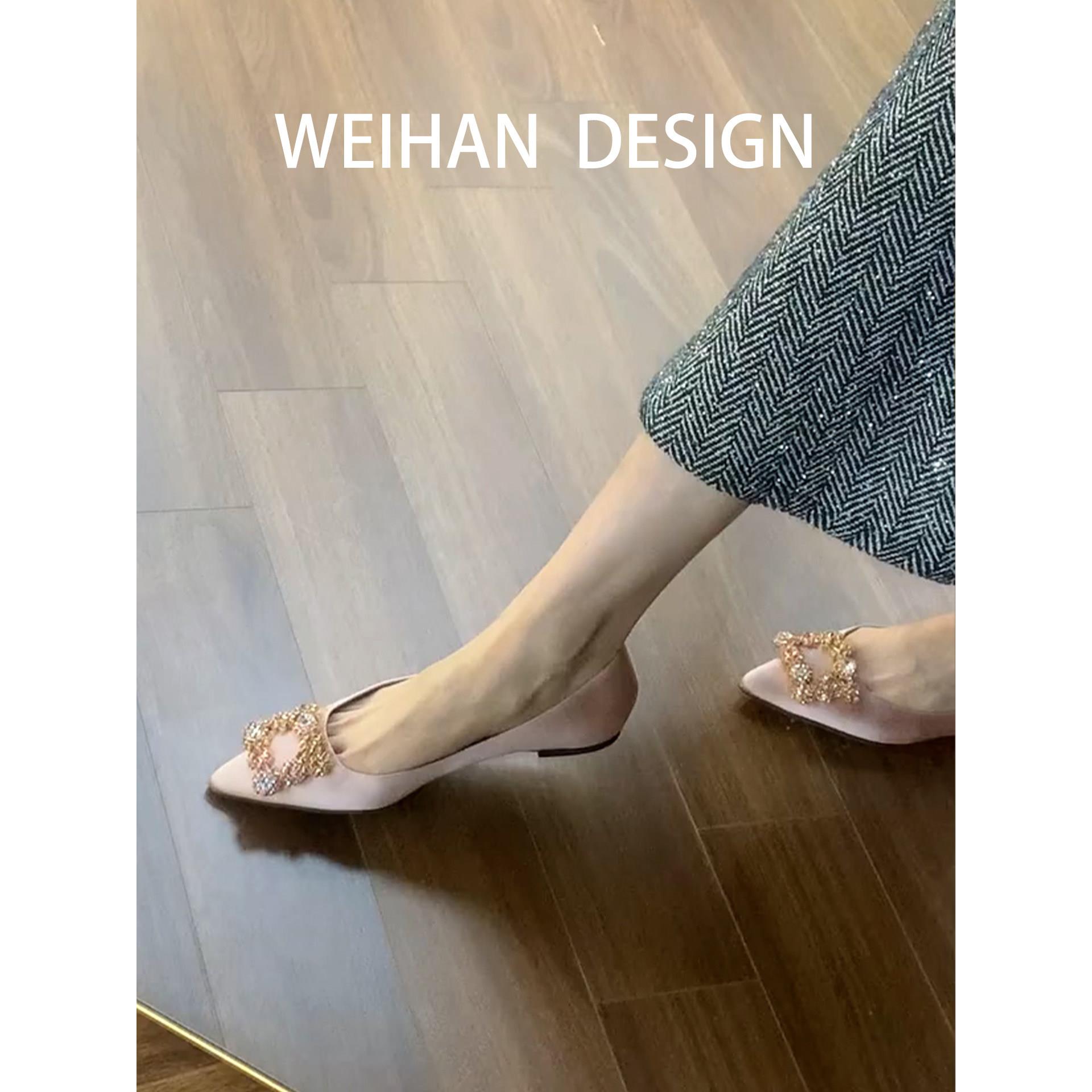 羊皮版!粉色尖头平底单鞋女水钻方扣浅口一脚蹬玛丽珍鞋温柔瓢鞋
