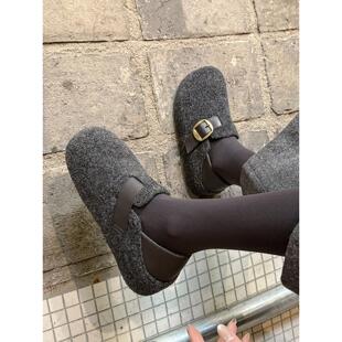 牛皮版内增高全包勃肯鞋女2025新款两穿皮带扣毛毛鞋磨砂休闲单鞋