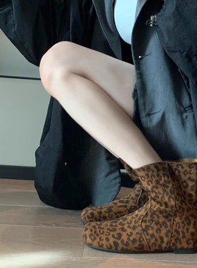 牛皮版！勃肯短靴女复古小众绒面豹纹宽筒显瘦百搭圆头平底马丁靴