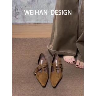 单鞋 羊皮版 女浅口一字带细跟晚晚风工作鞋 绒面尖头玛丽珍鞋 法式