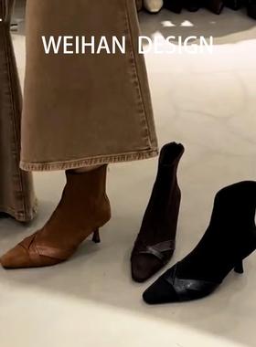 羊皮版！法式尖头设计感细跟短靴女绒面高跟方头马丁靴弹力瘦瘦靴