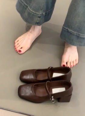 羊皮版~法式复古单鞋女气质粗跟浅口方头玛丽珍鞋百搭通勤小皮鞋