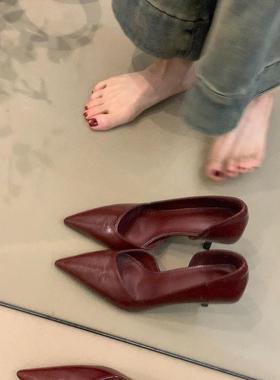 羊皮版！法式气质晚风温柔通勤工作尖头单鞋女春夏高跟鞋细跟侧空