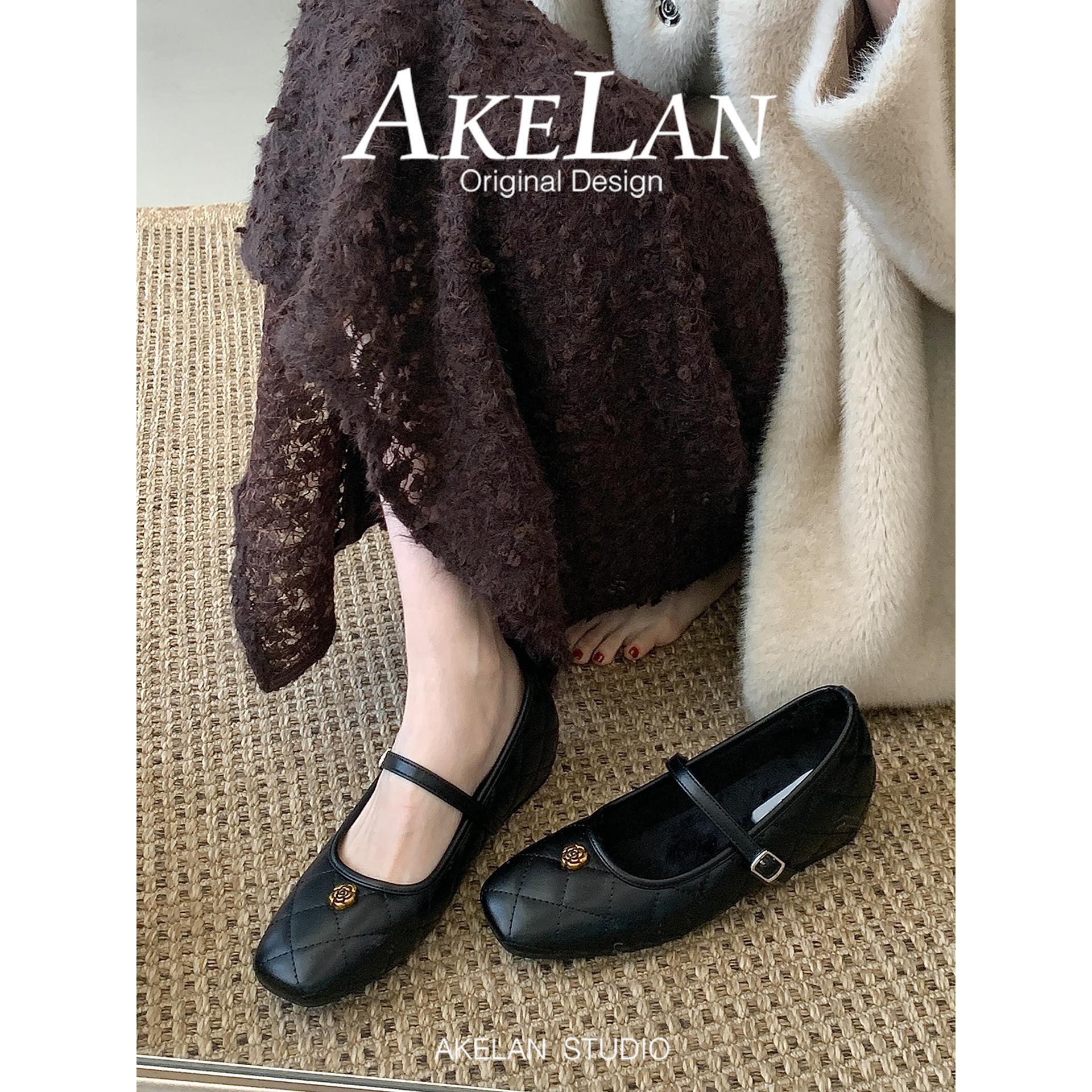 羊皮版~法式方头气质山茶花玛丽珍鞋女秋晚风内增高加绒浅口单鞋